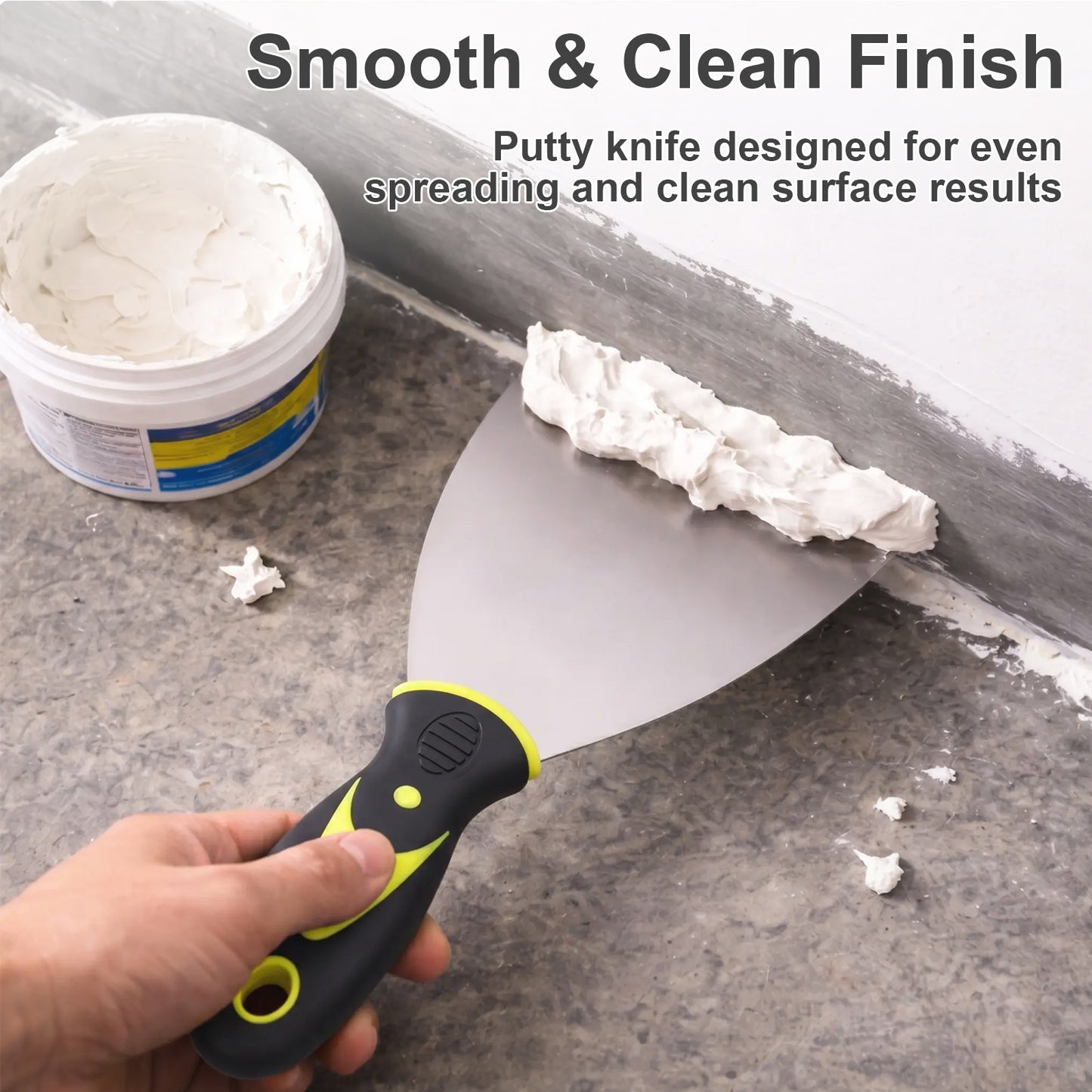 Hardy Supply Putty Knife in use: spreading spackle smoothly on drywall for even wall repair, designed for clean, professional paint prep and filling projects