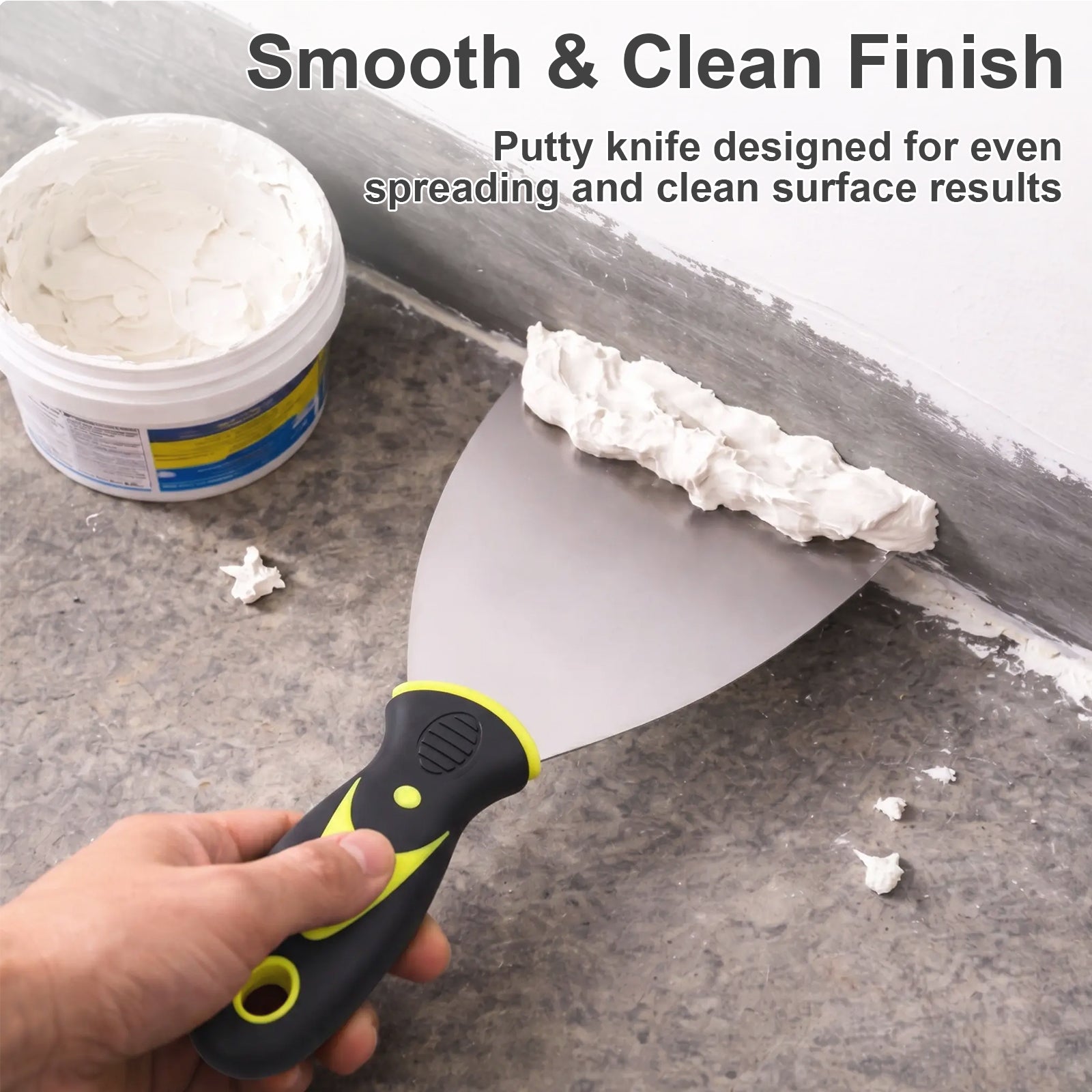 Hardy Supply Putty Knife in use: spreading spackle smoothly on drywall for even wall repair, designed for clean, professional paint prep and filling projects