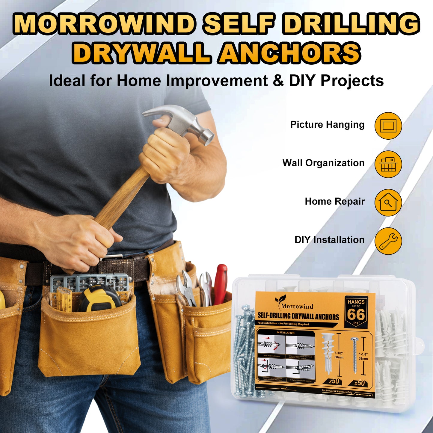Morrowind self-drilling drywall anchors in a clear plastic case with a black and orange label, shown next to a person wearing a tool belt and holding a hammer, with marketing text and icons on a white background.