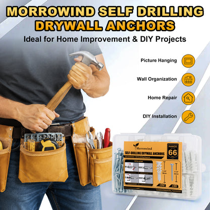 Morrowind self-drilling drywall anchors in a clear plastic case with a black and orange label, shown next to a person wearing a tool belt and holding a hammer, with marketing text and icons on a white background.