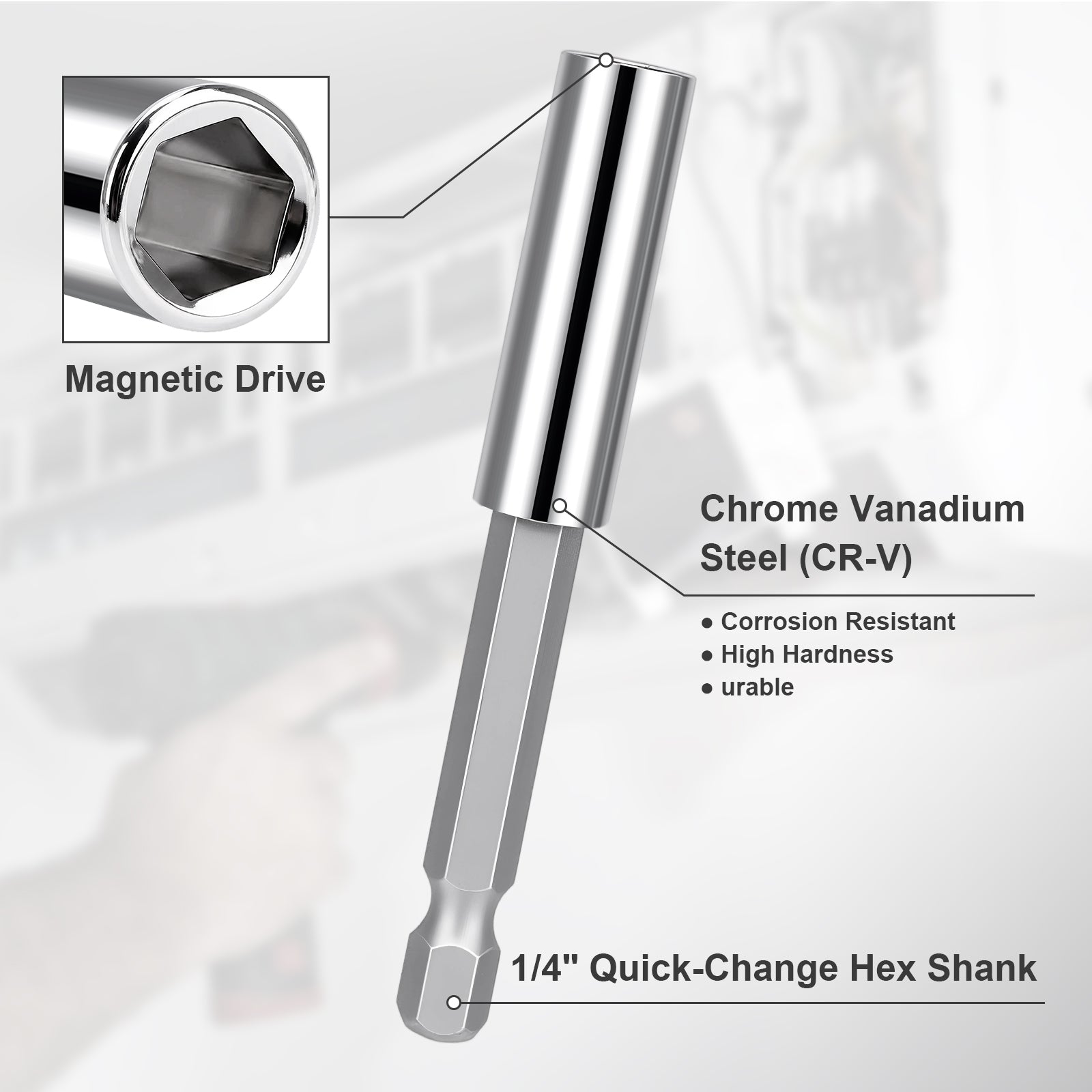 A chrome vanadium steel 1/4-inch quick-change hex shank socket with a magnetic drive, shown with feature callout labels and an inset of the magnetic drive socket opening.