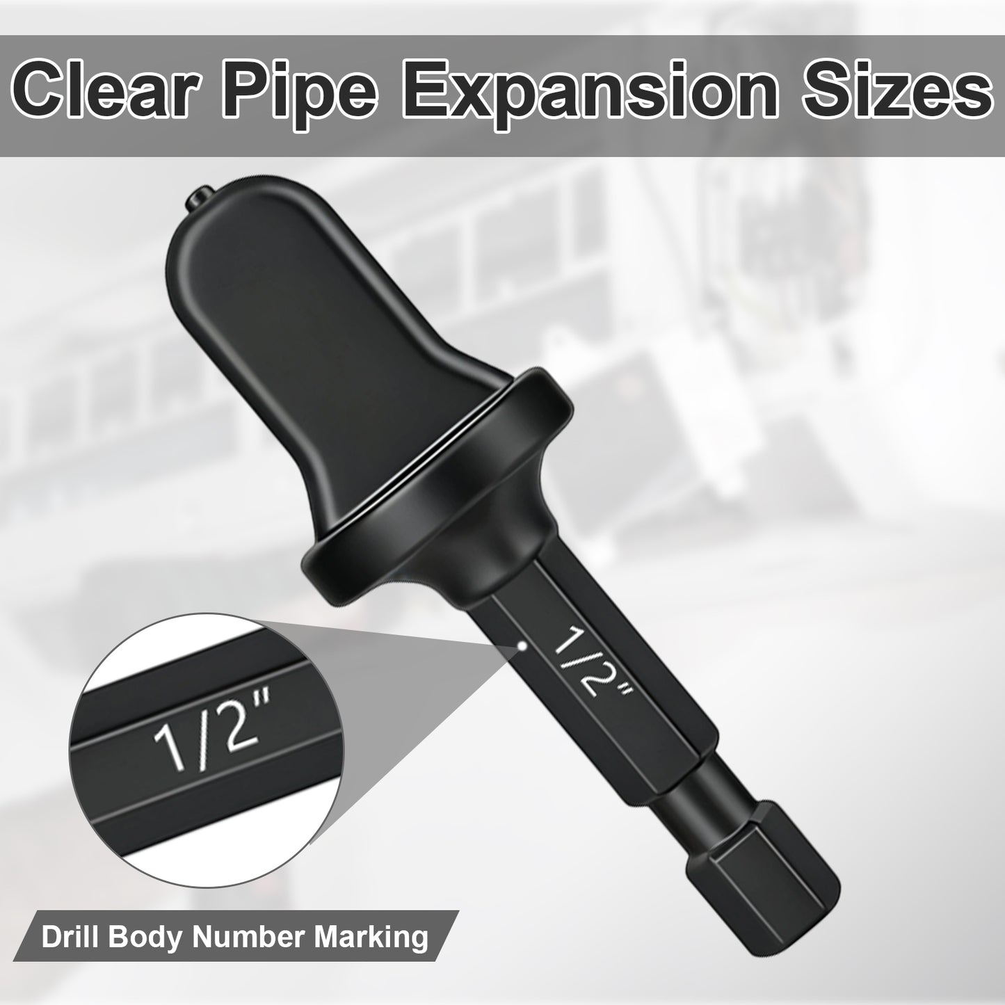 Black pipe expansion tool with measurement markings on a gray background