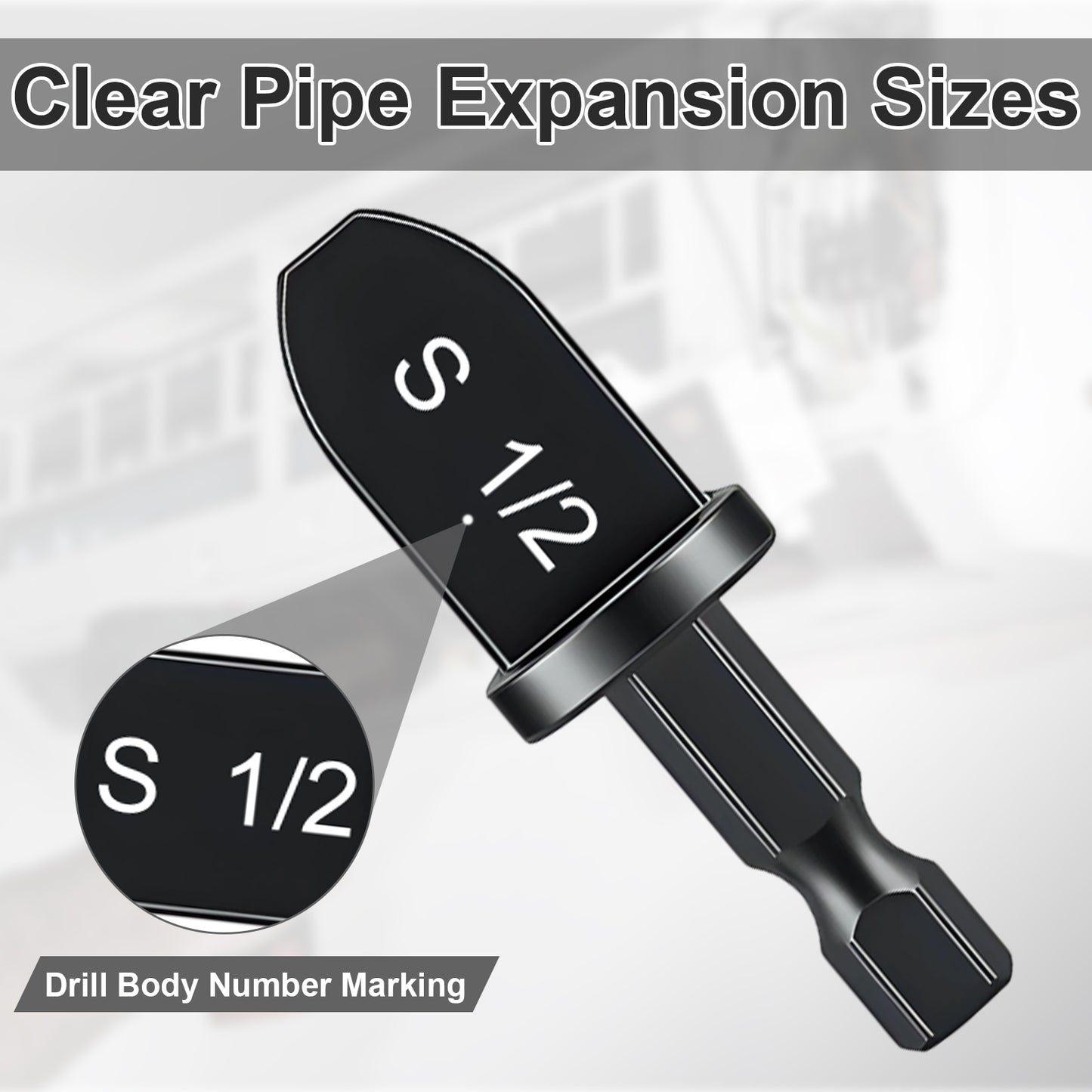 Black drill bit with 'S 1/2' marking on a gray background