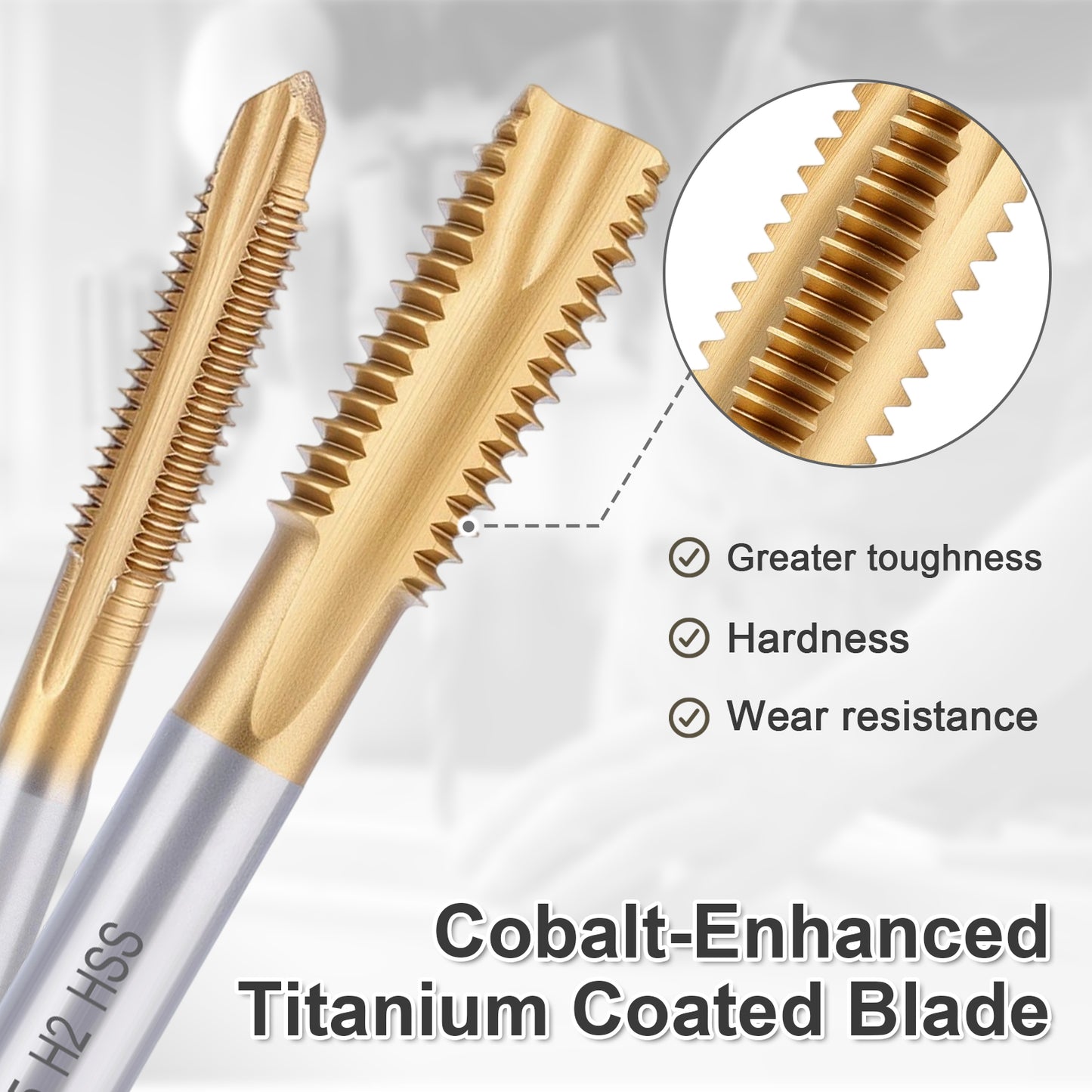 Cobalt-Enhanced Titanium Coated Blades with text highlighting features on a light gray background