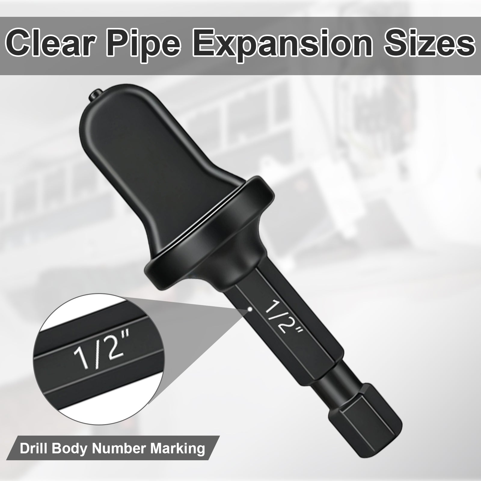 Black pipe expansion tool with measurement markings on a gray background