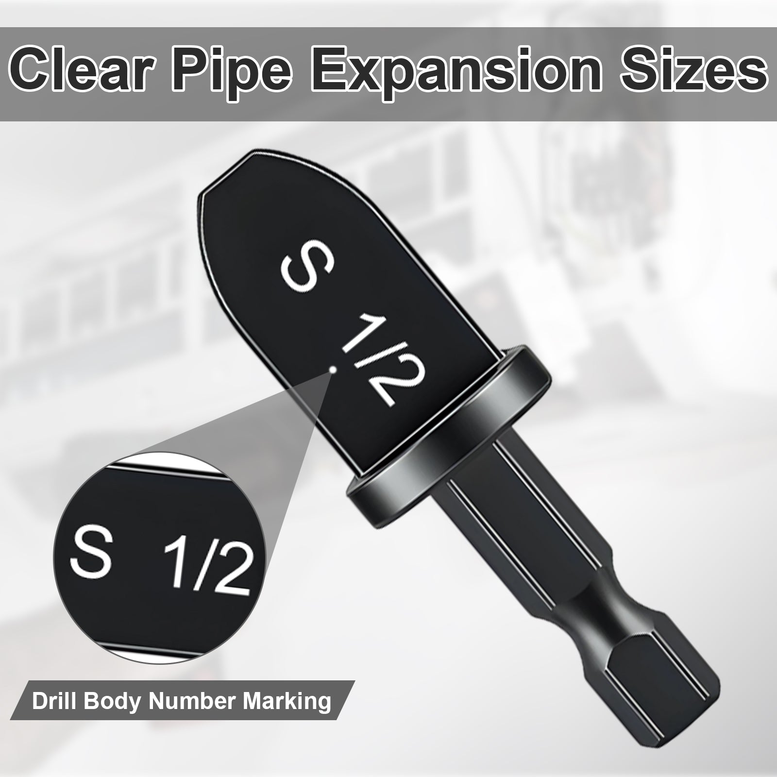 Black drill bit with 'S 1/2' marking on a gray background