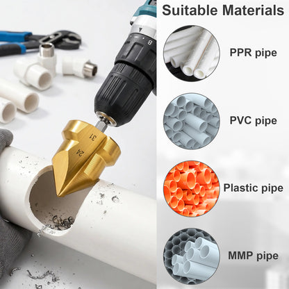 Drill bit cutting through a pipe with suitable materials for drilling shown on the right.