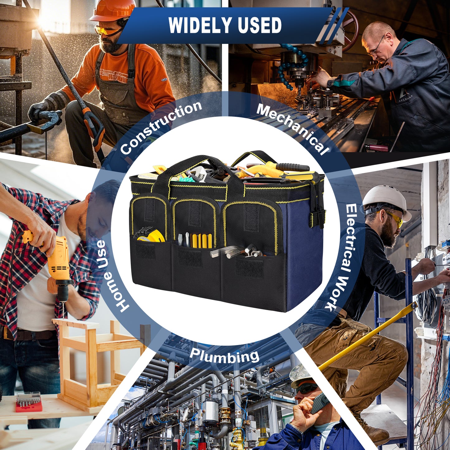 A navy and black utility tool bag with multiple front pockets is centered in a circular infographic. The bag is surrounded by diagonal panels showing workers in construction, mechanical, electrical, plumbing, and home improvement settings, with a blue banner reading 'WIDELY USED'.