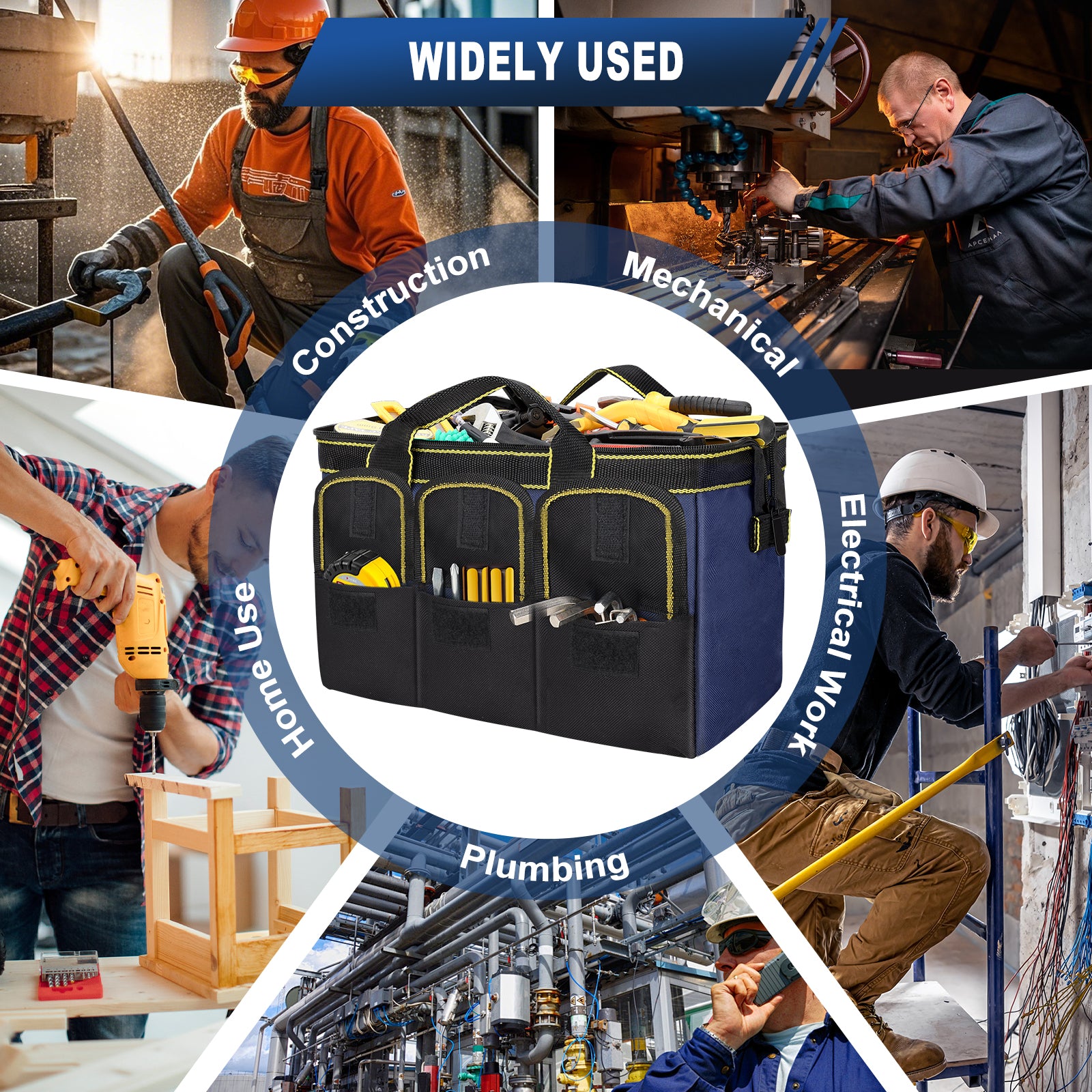 A navy and black utility tool bag with multiple front pockets is centered in a circular infographic. The bag is surrounded by diagonal panels showing workers in construction, mechanical, electrical, plumbing, and home improvement settings, with a blue banner reading 'WIDELY USED'.