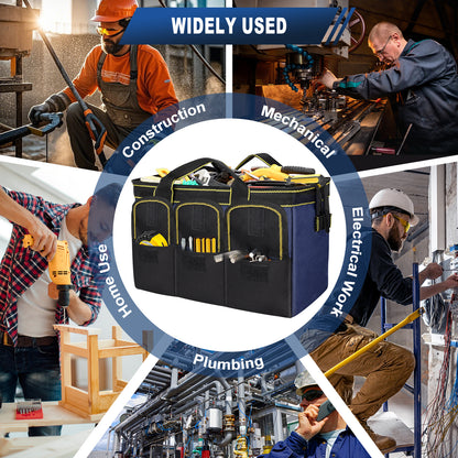 A navy and black utility tool bag with multiple front pockets is centered in a circular infographic. The bag is surrounded by diagonal panels showing workers in construction, mechanical, electrical, plumbing, and home improvement settings, with a blue banner reading 'WIDELY USED'.
