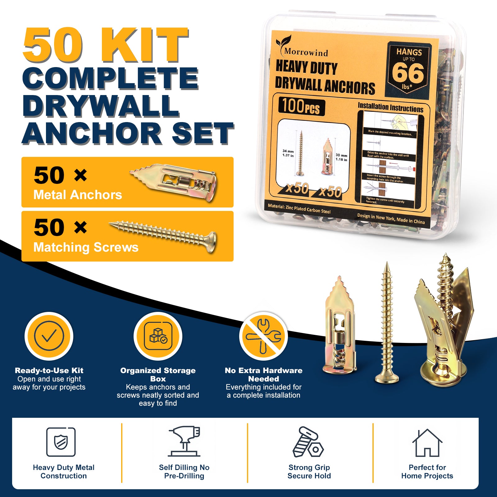 A 50-piece kit of Morrowind Heavy Duty Drywall Anchors in a clear plastic box with a yellow and black label, shown alongside several sample anchor and screw types on a white background with promotional text and icons.