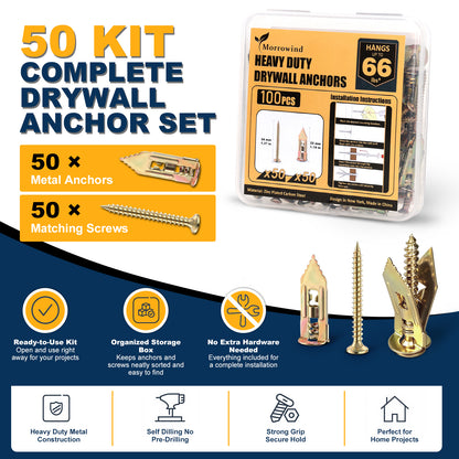 A 50-piece kit of Morrowind Heavy Duty Drywall Anchors in a clear plastic box with a yellow and black label, shown alongside several sample anchor and screw types on a white background with promotional text and icons.