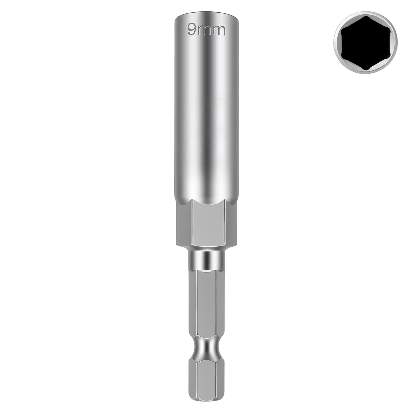 A silver metal socket extension tool with a 9mm size marking on the socket head, shown vertically on a white background with a small inset circle at the top right illustrating the hexagonal socket opening.