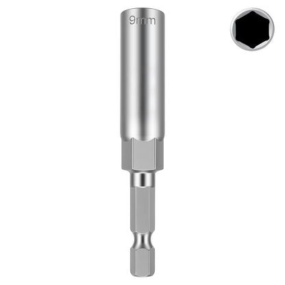 A silver metal socket extension tool with a 9mm size marking on the socket head, shown vertically on a white background with a small inset circle at the top right illustrating the hexagonal socket opening.