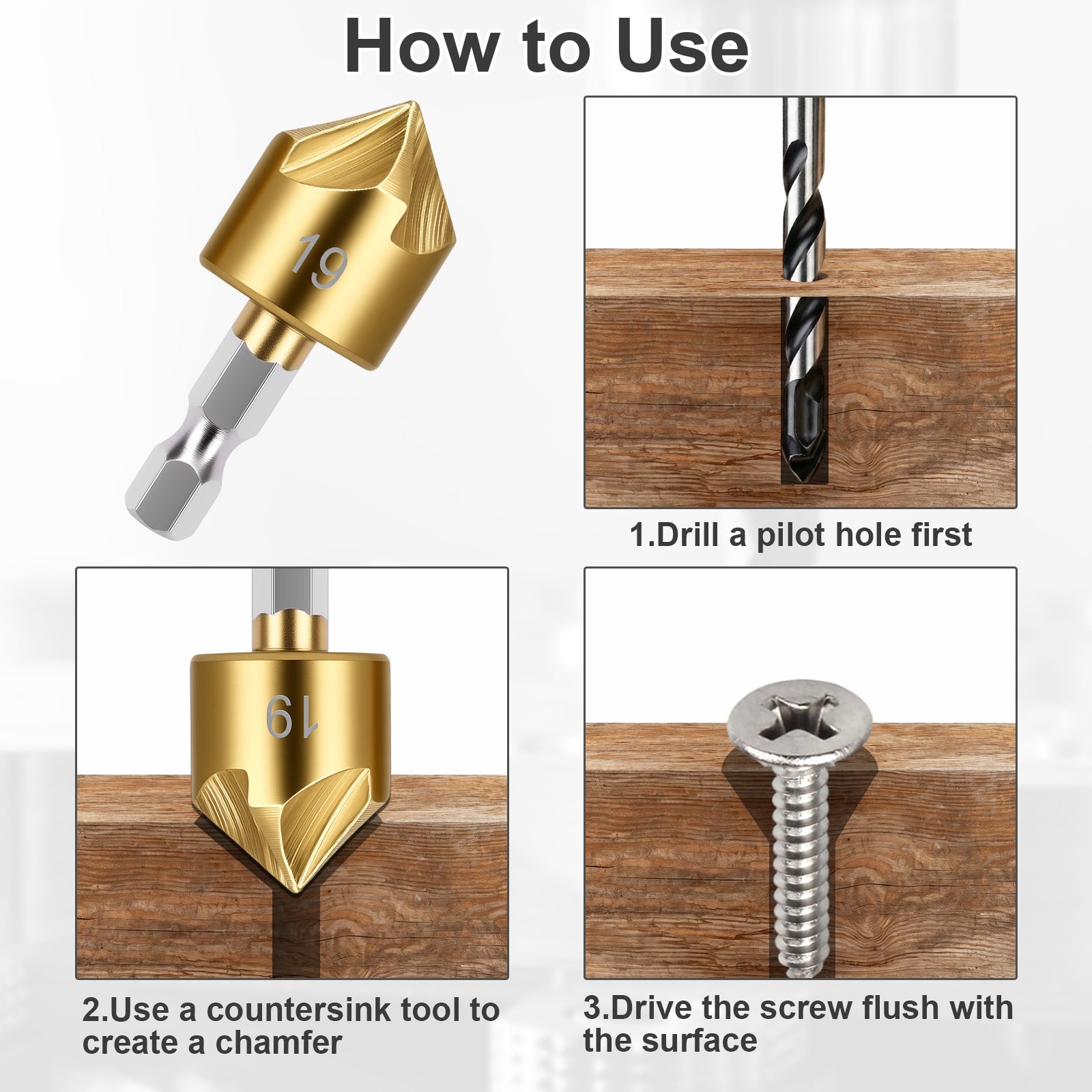 Instructions on how to use a countersink tool with images of drilling, creating a chamfer, and screwing.