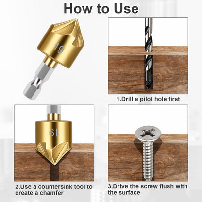 Instructions on how to use a countersink tool with images of drilling, creating a chamfer, and screwing.