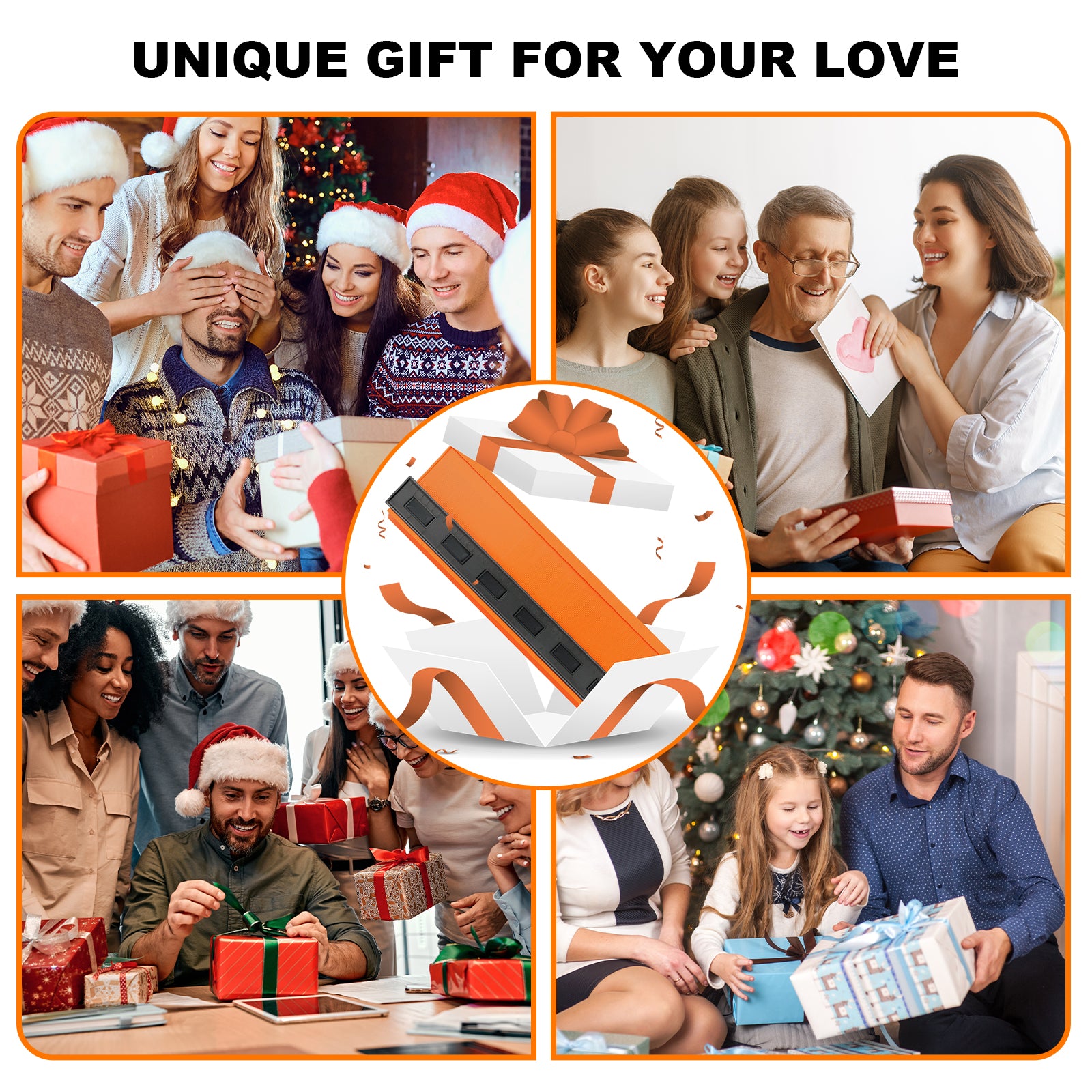 Collage of people opening gifts with a focus on a unique gift item, surrounded by festive scenes.
