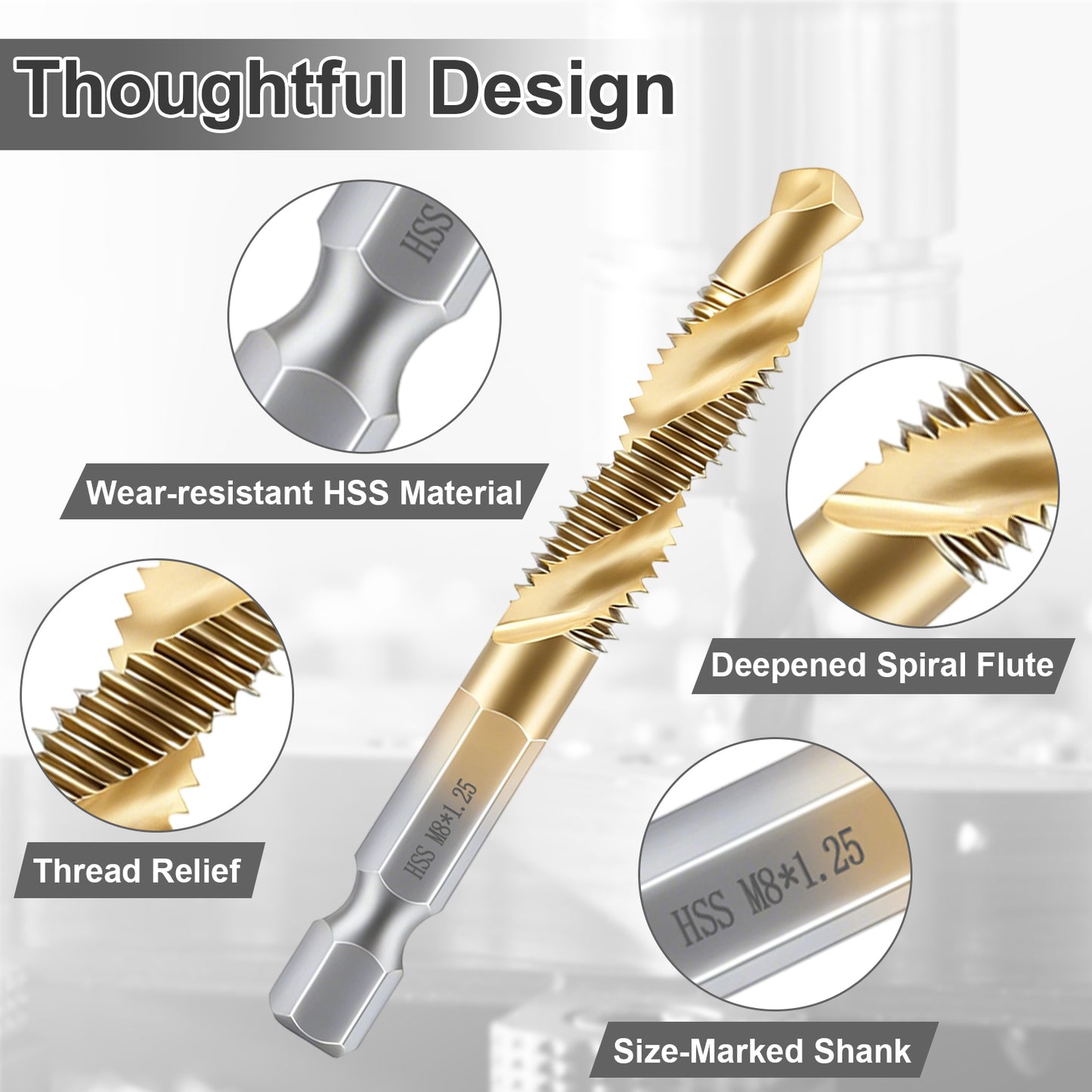 Gold drill bit with detailed features on a gray background