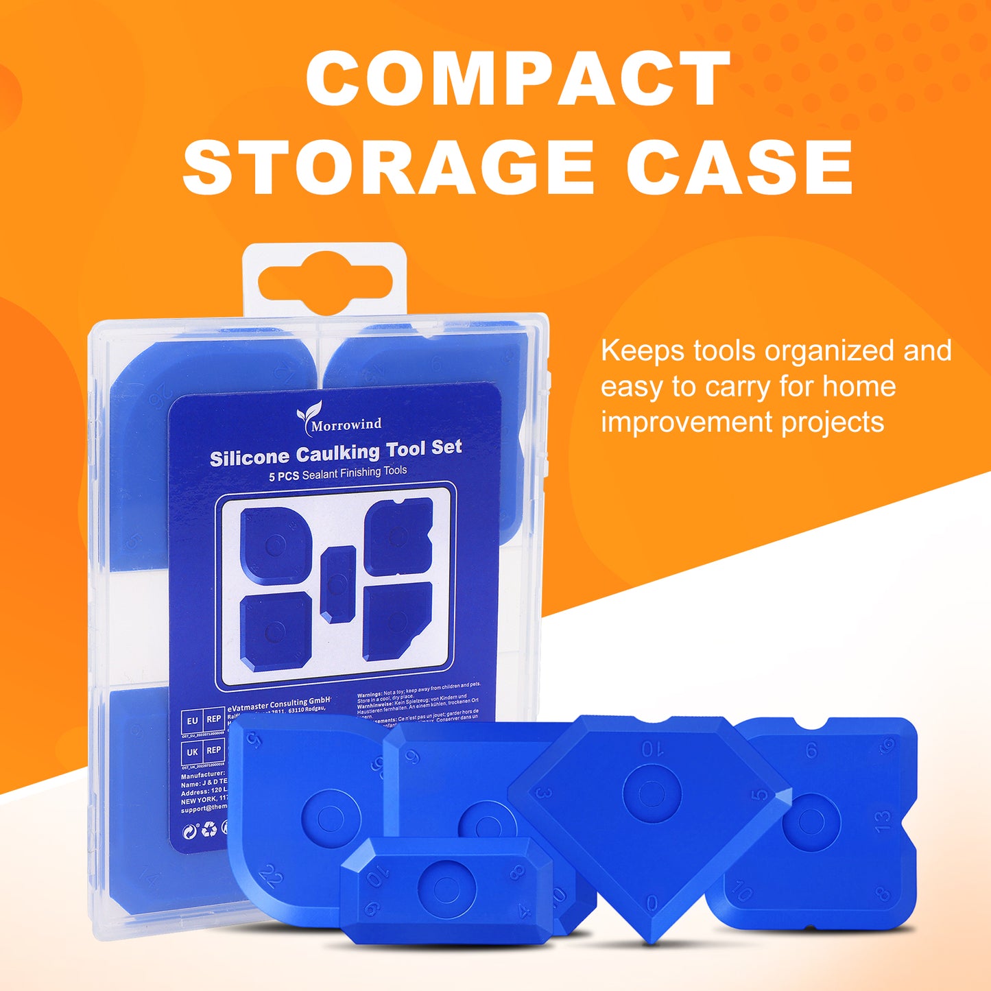Blue silicone caulking tool set in a clear packaging with an orange background and text about storage case.