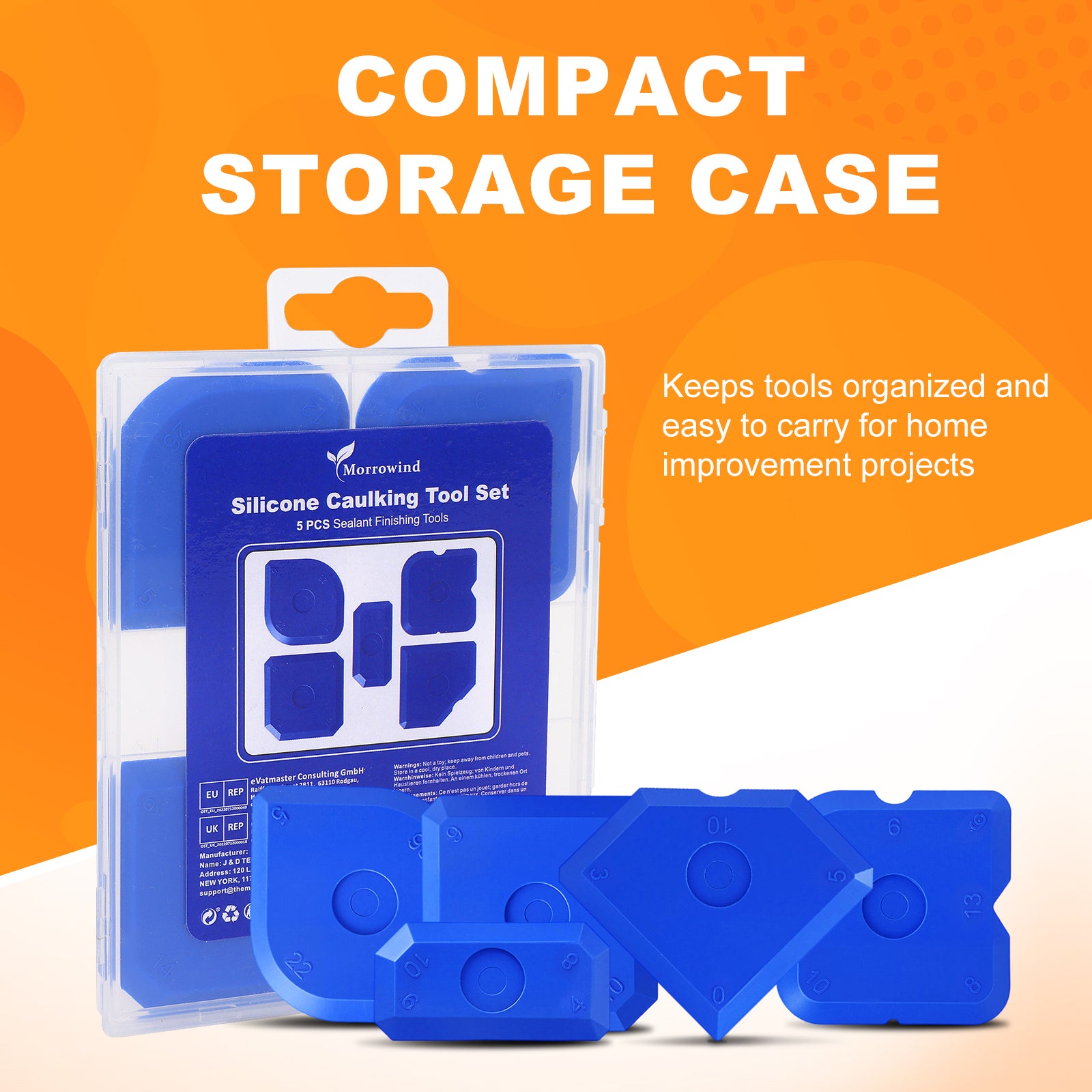 Blue silicone caulking tool set in a clear packaging with an orange background and text about storage case.