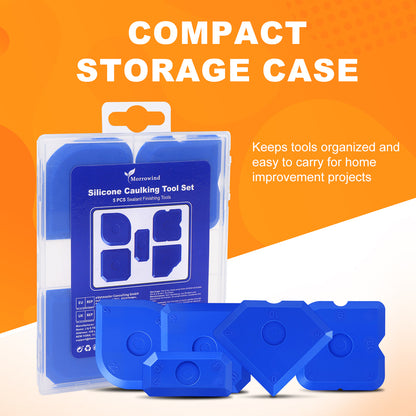 Blue silicone caulking tool set in a clear packaging with an orange background and text about storage case.