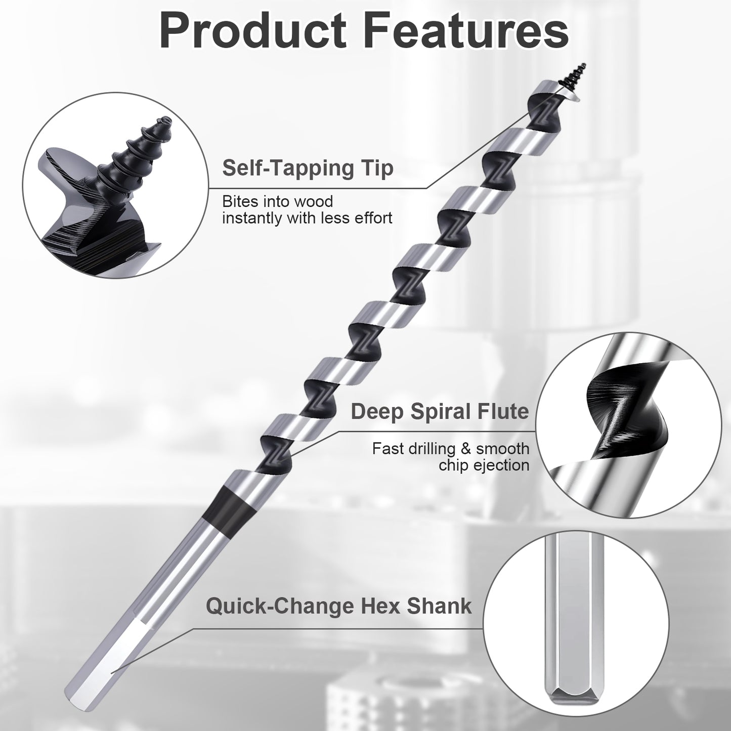 Product features diagram for a wood drill bit with three circular detail callouts showing the self-tapping tip, deep spiral flute, and quick-change hex shank, on a light gray background.