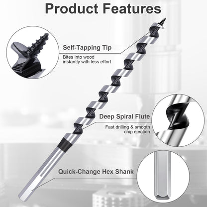 Product features diagram for a wood drill bit with three circular detail callouts showing the self-tapping tip, deep spiral flute, and quick-change hex shank, on a light gray background.