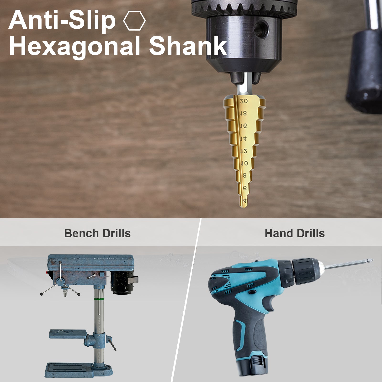Hexagonal shank drill bit with anti-slip feature, shown on a drill and two types of drills below.