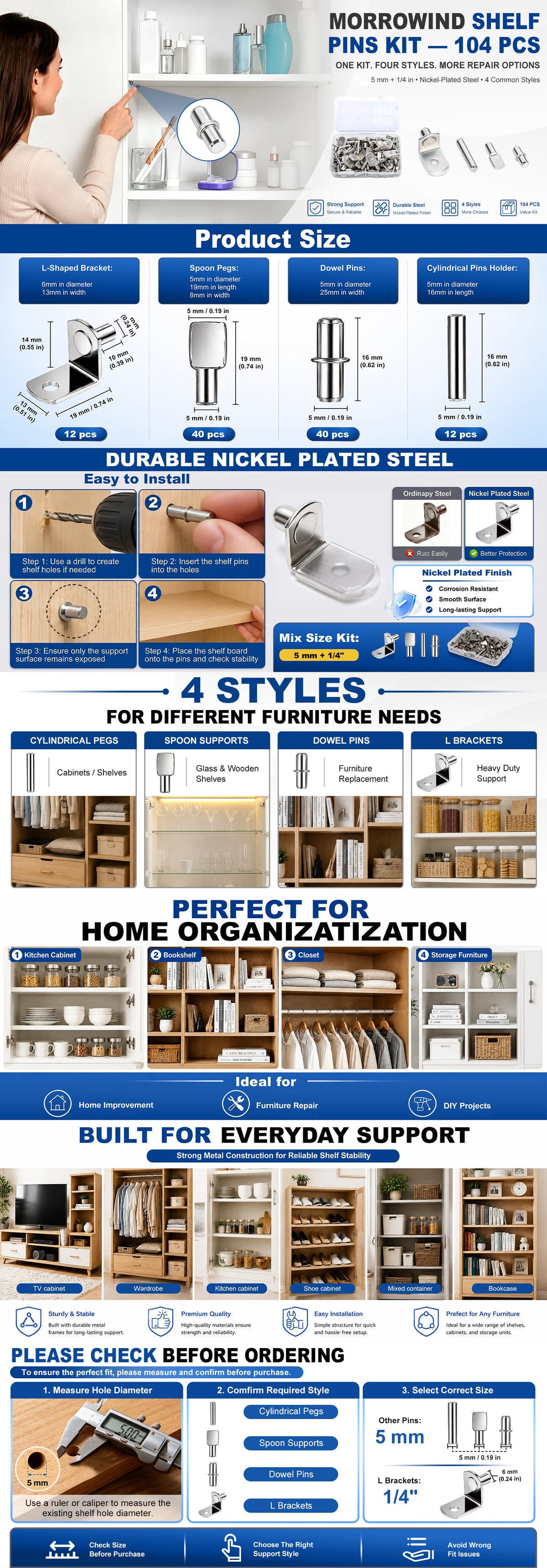 A long, narrow promotional infographic for the MORROWIND SHELF PINS KIT, showing product details, dimensions, material specs, usage examples, and ordering information. The layout contains multiple text blocks, small product photos, and diagrams rather than a clean standalone product shot.
