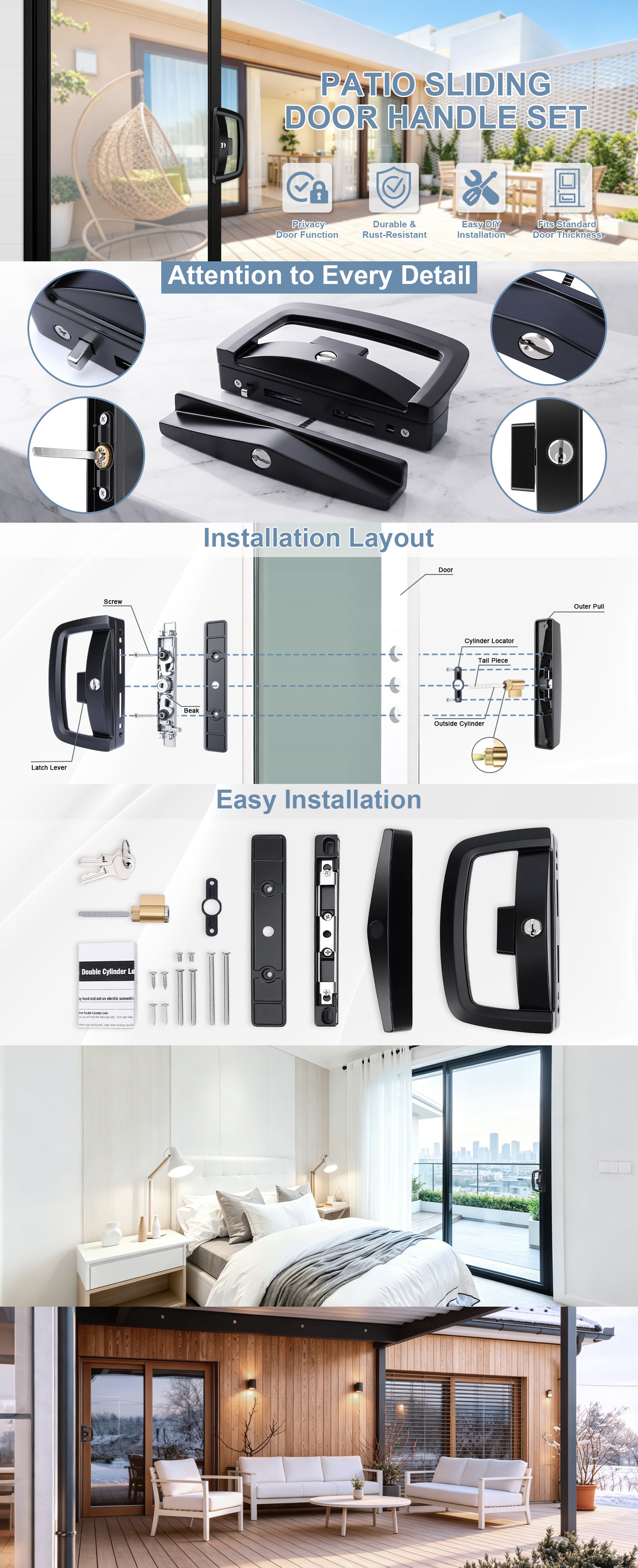 A composite product listing graphic for a patio sliding door handle set. It includes a lifestyle photo of the handles installed in a modern home, close-up detail shots, an installation layout diagram, an easy installation section with parts, and two interior room views showing the handles in use.