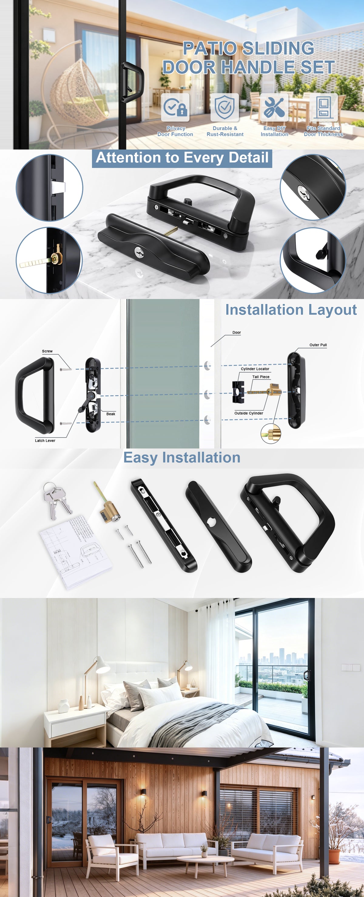 A composite product listing image for a patio sliding door handle set. It shows the product installed in a modern home, close-up detail shots, installation layout diagrams, included accessories, and interior room examples with large windows.
