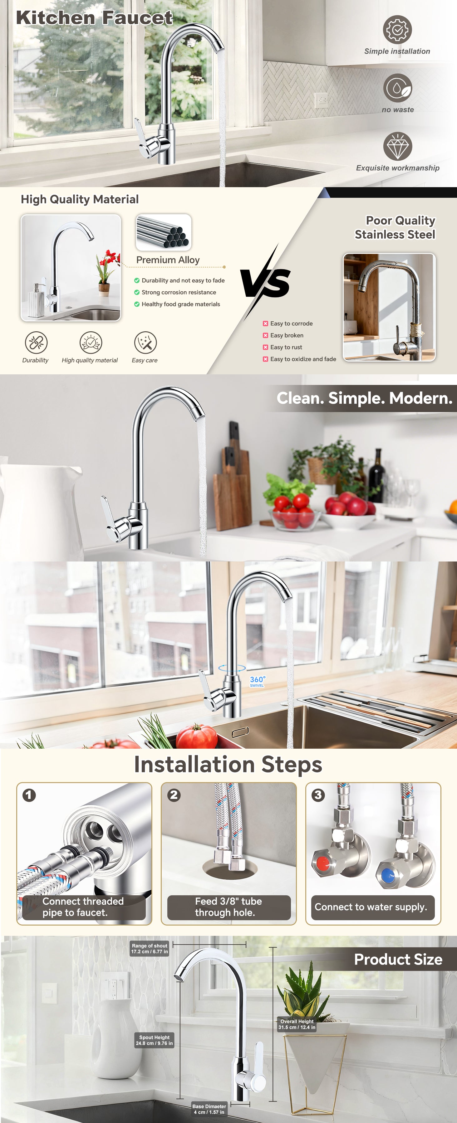 Advertisement for kitchen faucets with installation steps and product details.