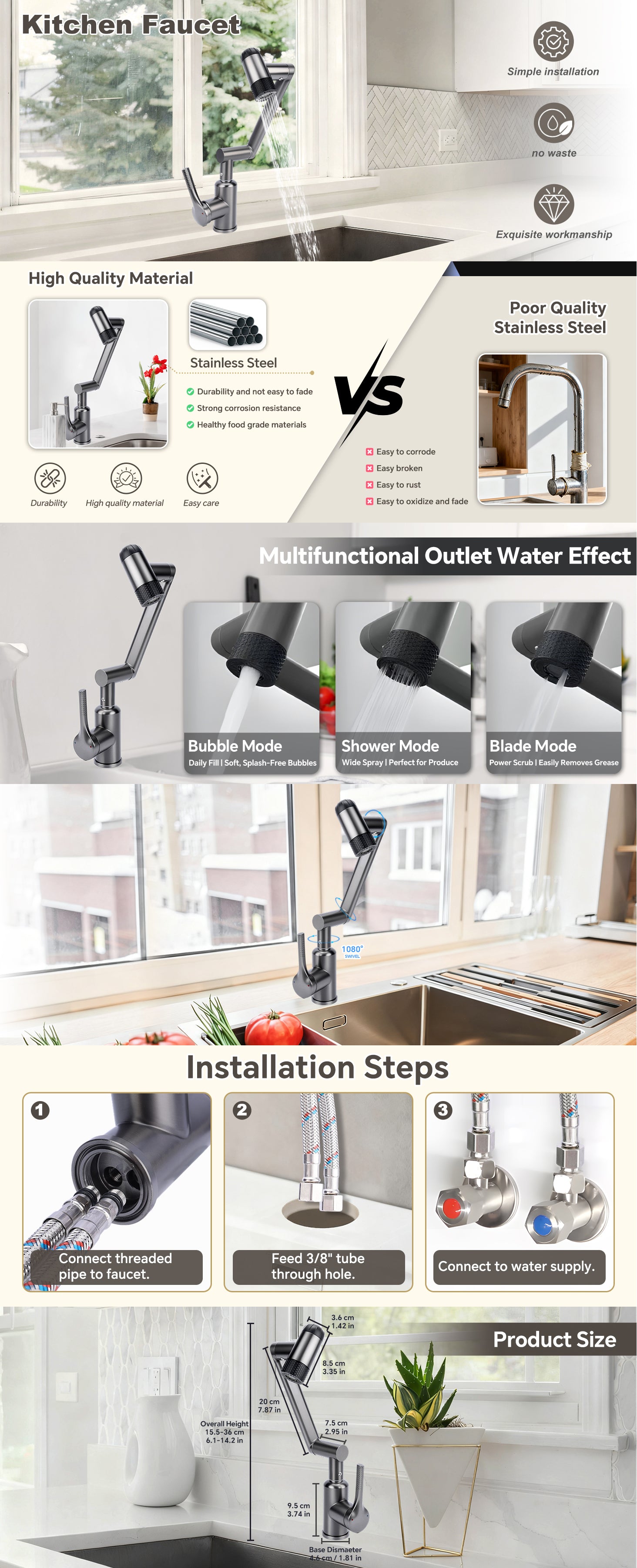 Kitchen faucet with installation steps and product size display.