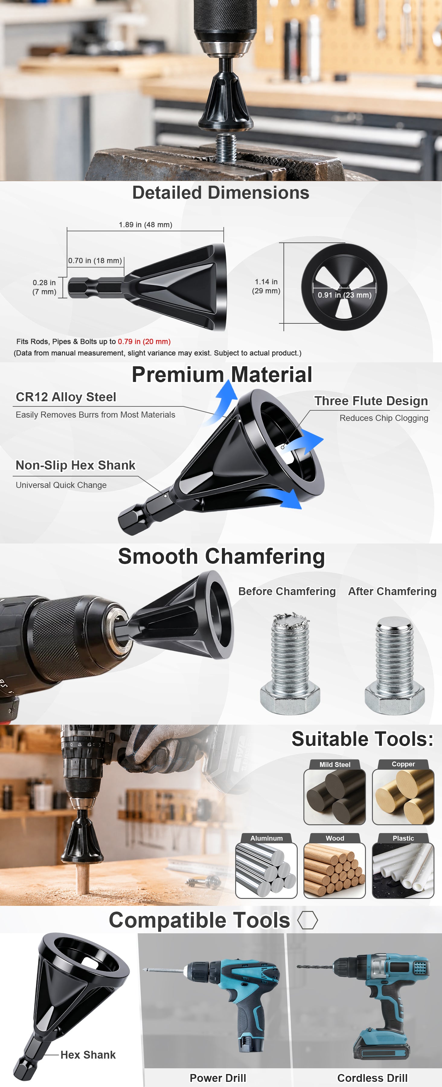 A multi-panel infographic detailing a cordless drill bit set, showing the product in use, its detailed dimensions, premium material features, chamfering process, suitable tools, and compatibility with power drills and cordless drivers.