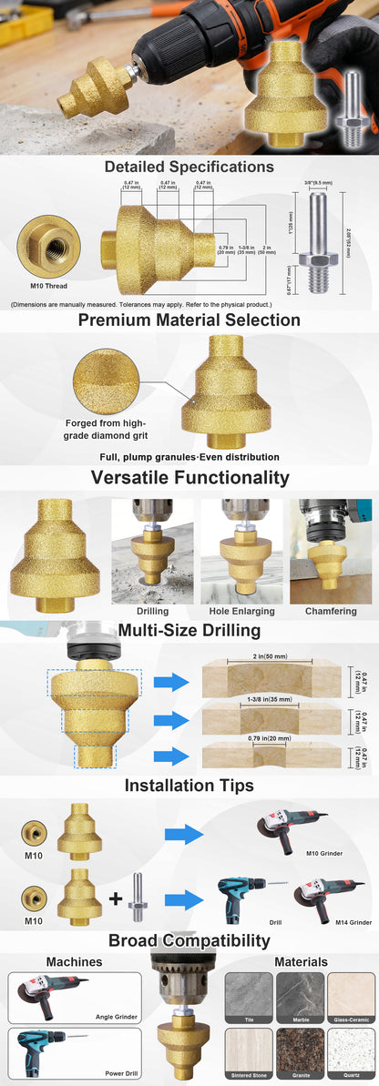 Diamond M10 Step Chamfer Bit with Adapter, Multi-Size, for Tile, Marble, Granite, Quartz