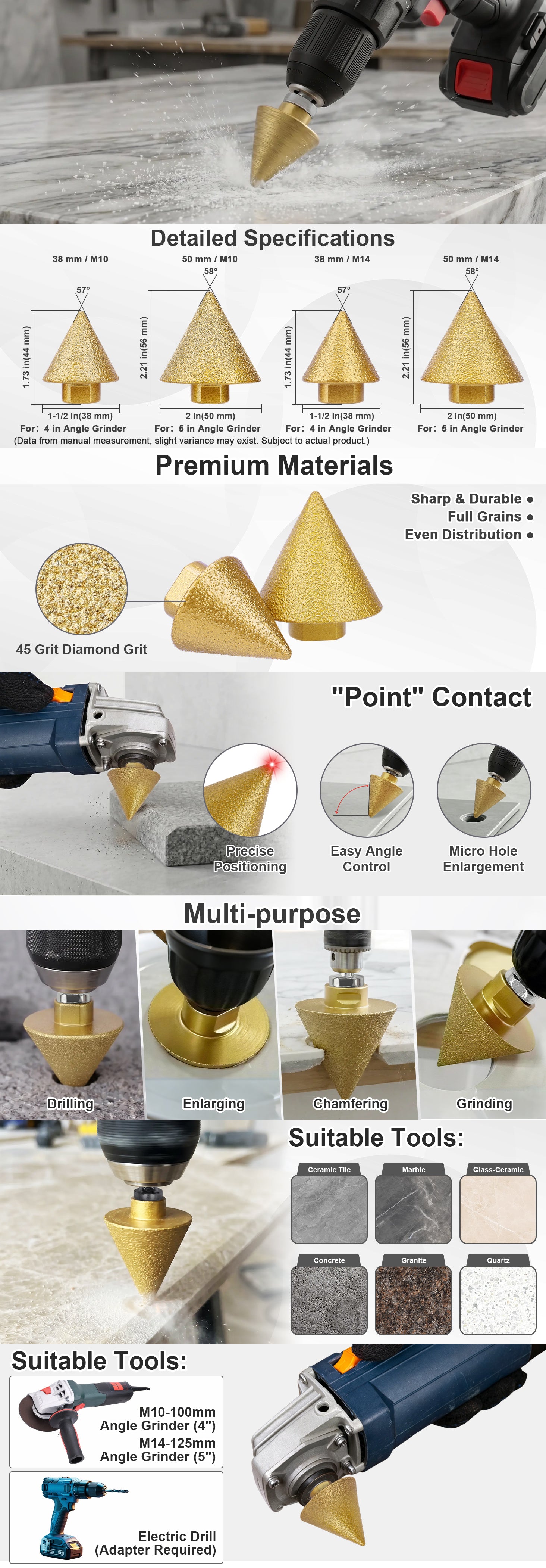 Hardy Supply Diamond Chamfer & Slot Drill Bit with Pointed Tip, for Tile, Marble, Granite, Quartz, Compatible with Angle Grinders & Drills