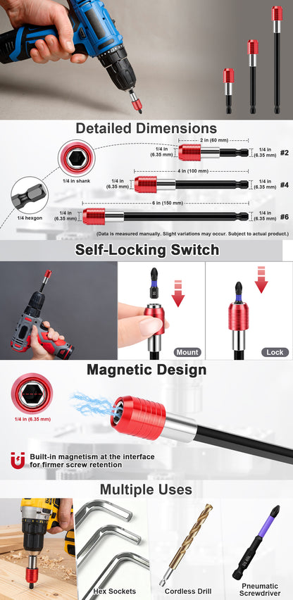 Hardy Supply CR-V Drill Bit Extension Bar, 60/100/150mm, Magnetic Self-Locking Hex Shank Holder for Drill Bits