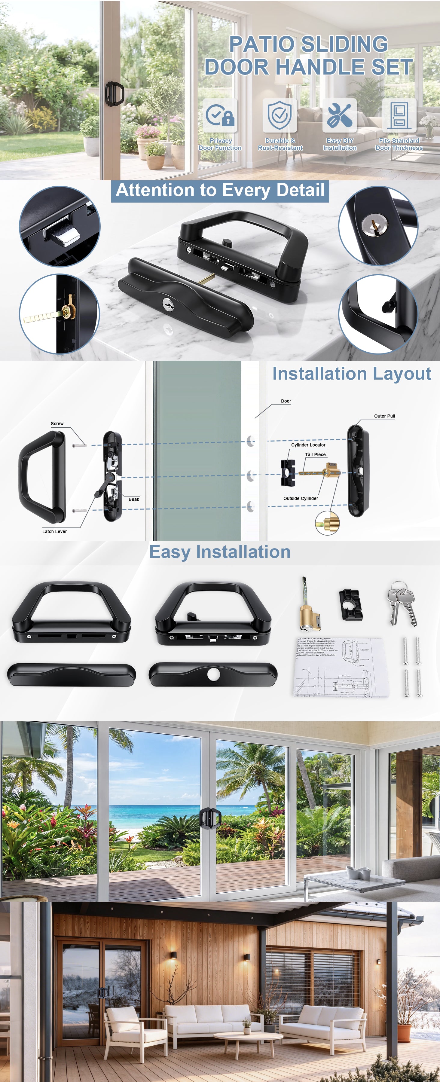 A composite product listing graphic for a patio sliding door handle set. The image includes a top photo of the installed product on a glass door, multiple close-up detail callouts, an installation layout diagram with measurements and parts, a row of the hardware components, and a bottom rendering of a modern patio with the handle set installed in a real outdoor environment.
