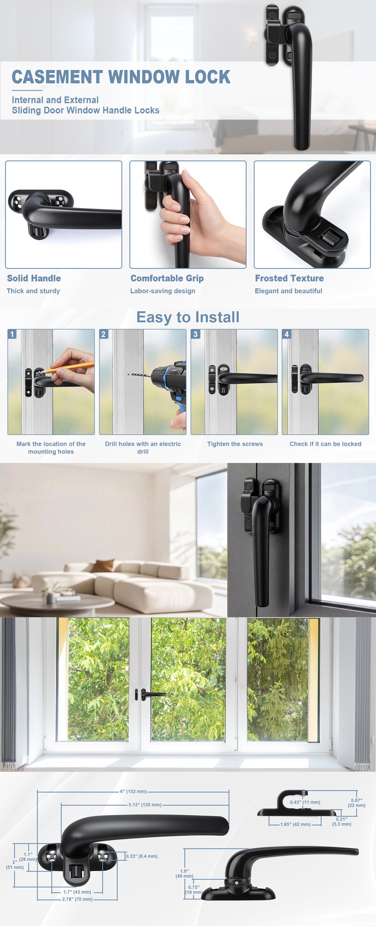 A composite product listing graphic for a black casement window lock. The image includes a large product photo at the top, feature callouts such as solid handle, comfortable grip, and preset texture, installation steps with hand illustrations, a small lifestyle room scene, and a technical dimension diagram at the bottom.