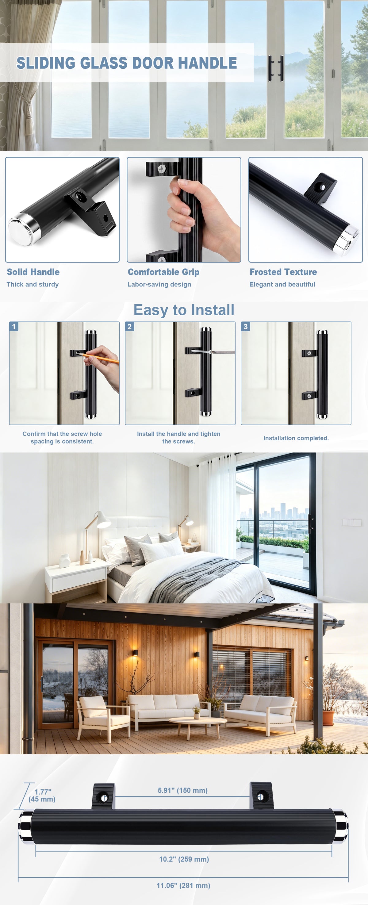 An infographic detailing a sliding glass door handle set, showing the product in close-up, installation steps, a hand demonstrating the grip, and a bedroom and modern house interior with the handles installed.