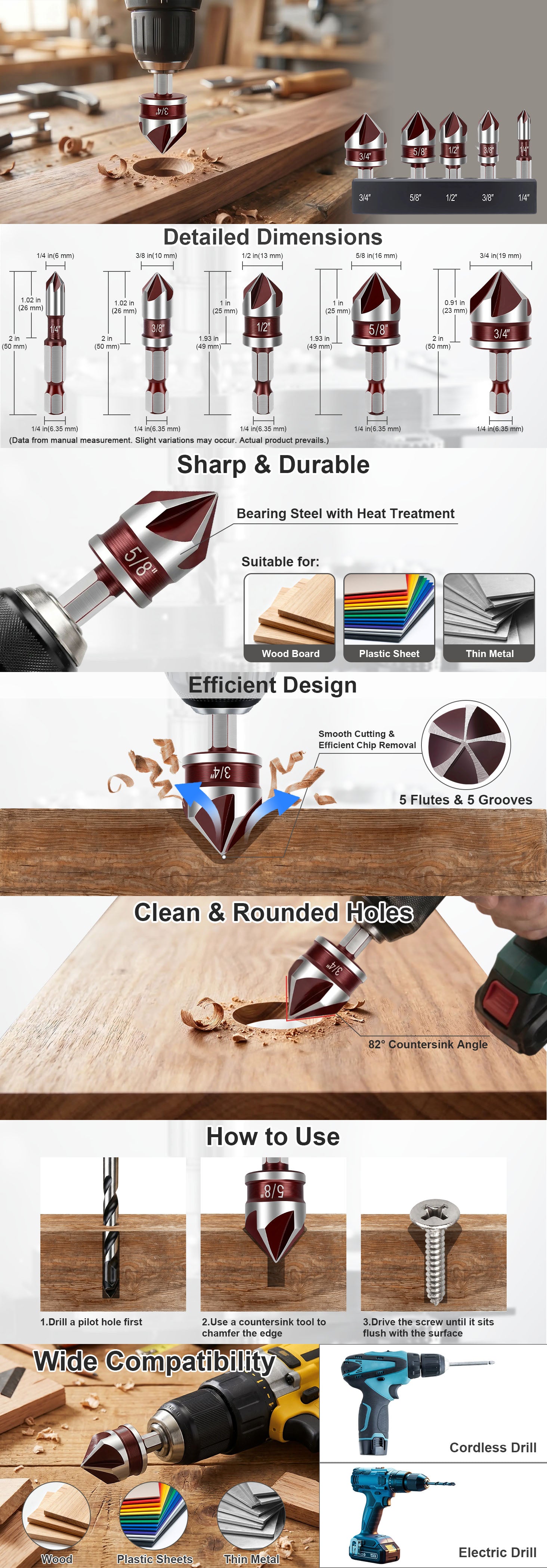 Product details of a drill bit set with dimensions, durability, design, and usage instructions.