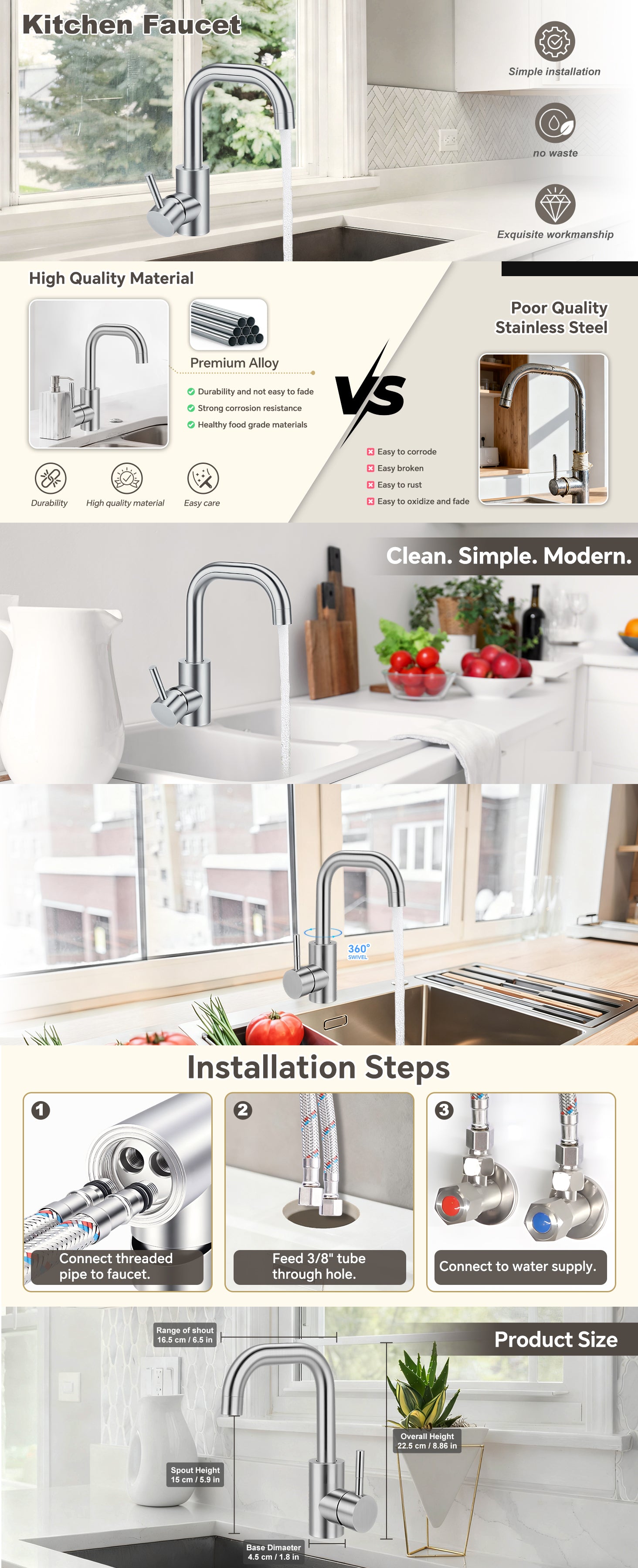 Kitchen faucet with installation steps and product details.