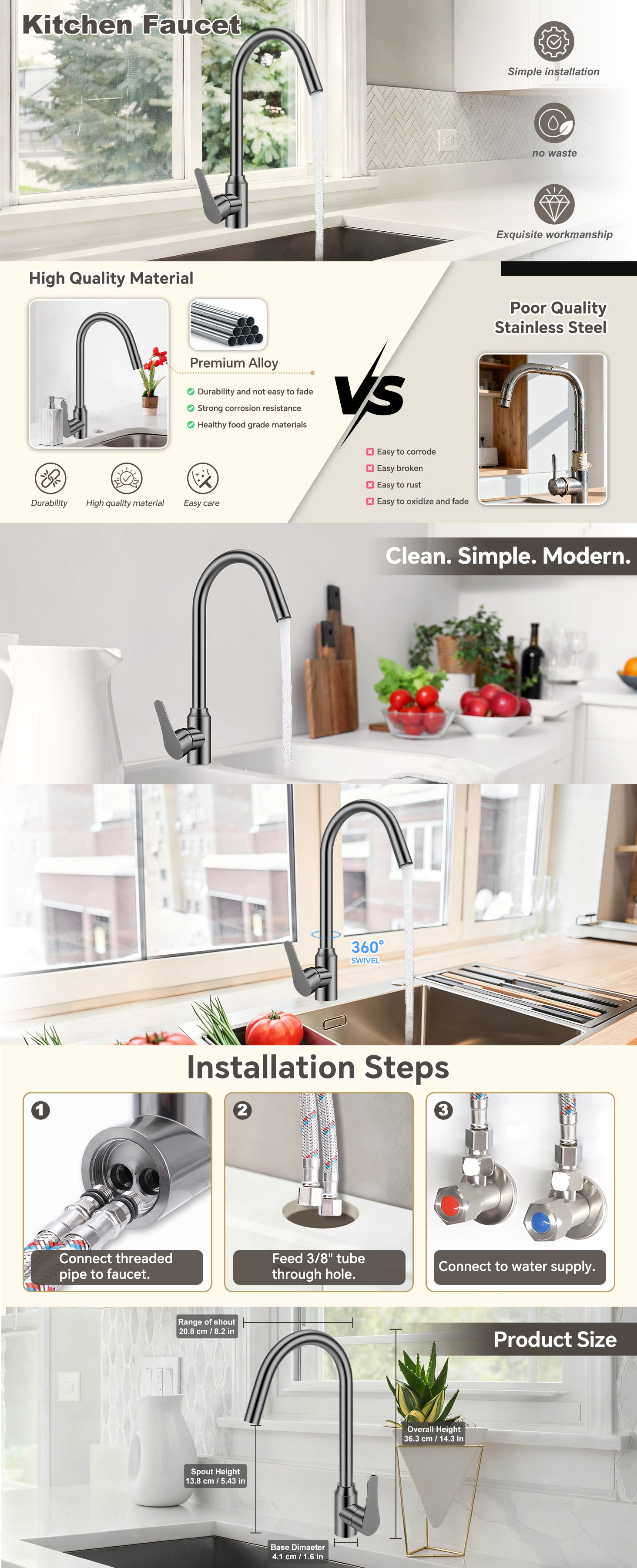 Kitchen faucet product page with installation steps and material comparison.
