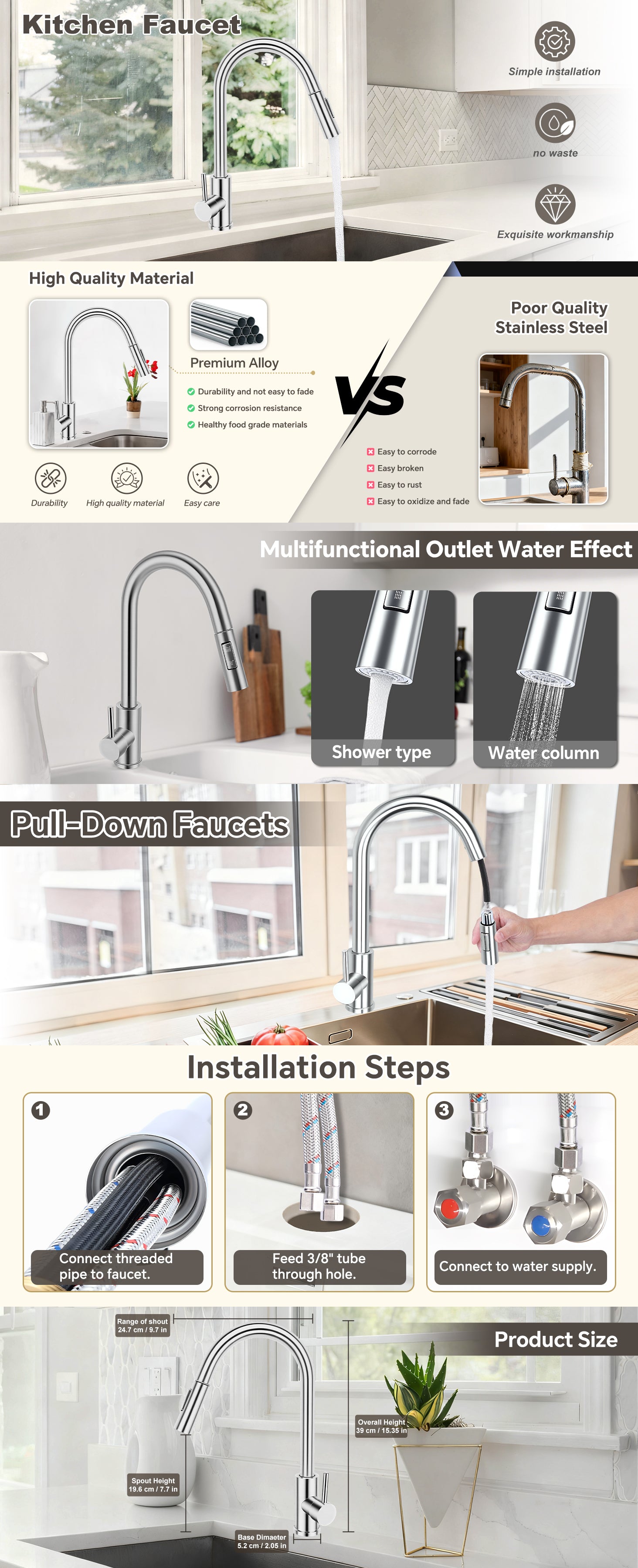 Kitchen faucet product page with features and installation steps.