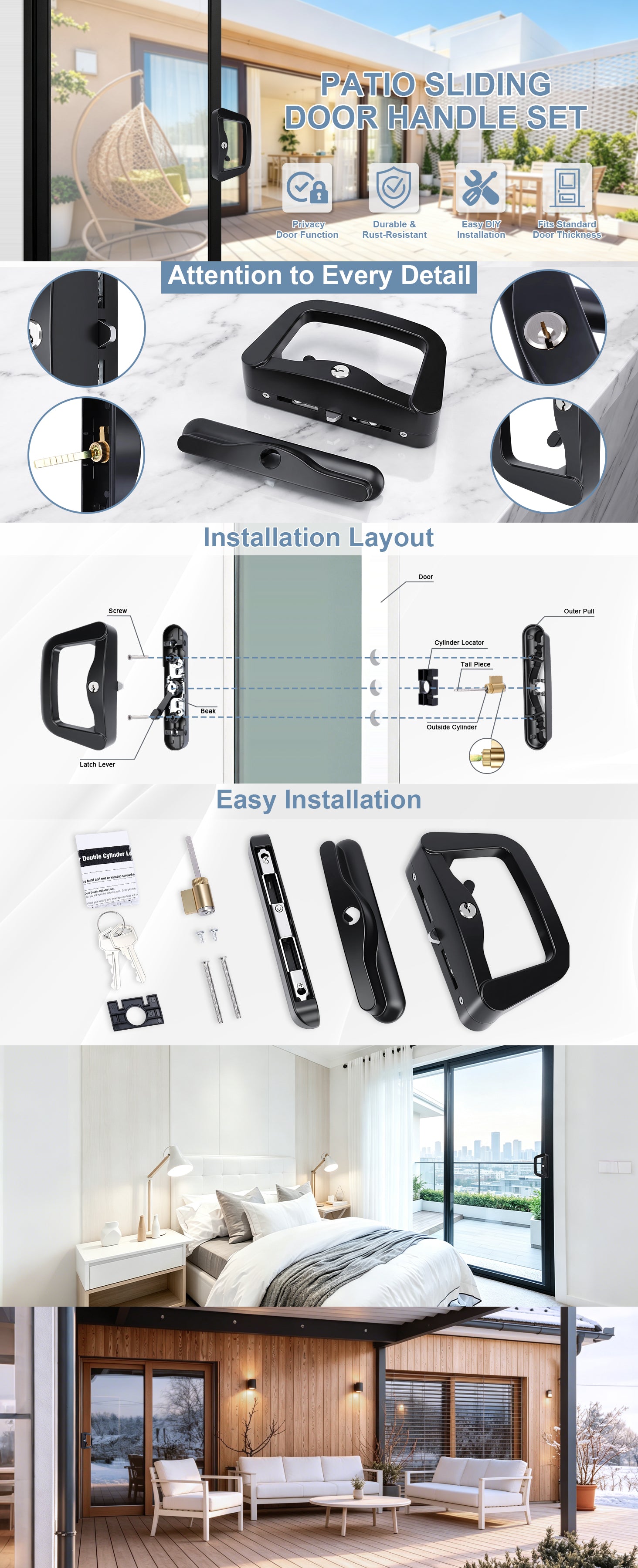 A composite product listing graphic for a patio sliding door handle set. The image includes a top lifestyle photo of a modern patio door, multiple close-up detail shots of black hardware, an installation layout diagram with labeled parts, an easy installation section showing included tools and pieces, and two interior room photos showing the handles installed in real home settings.