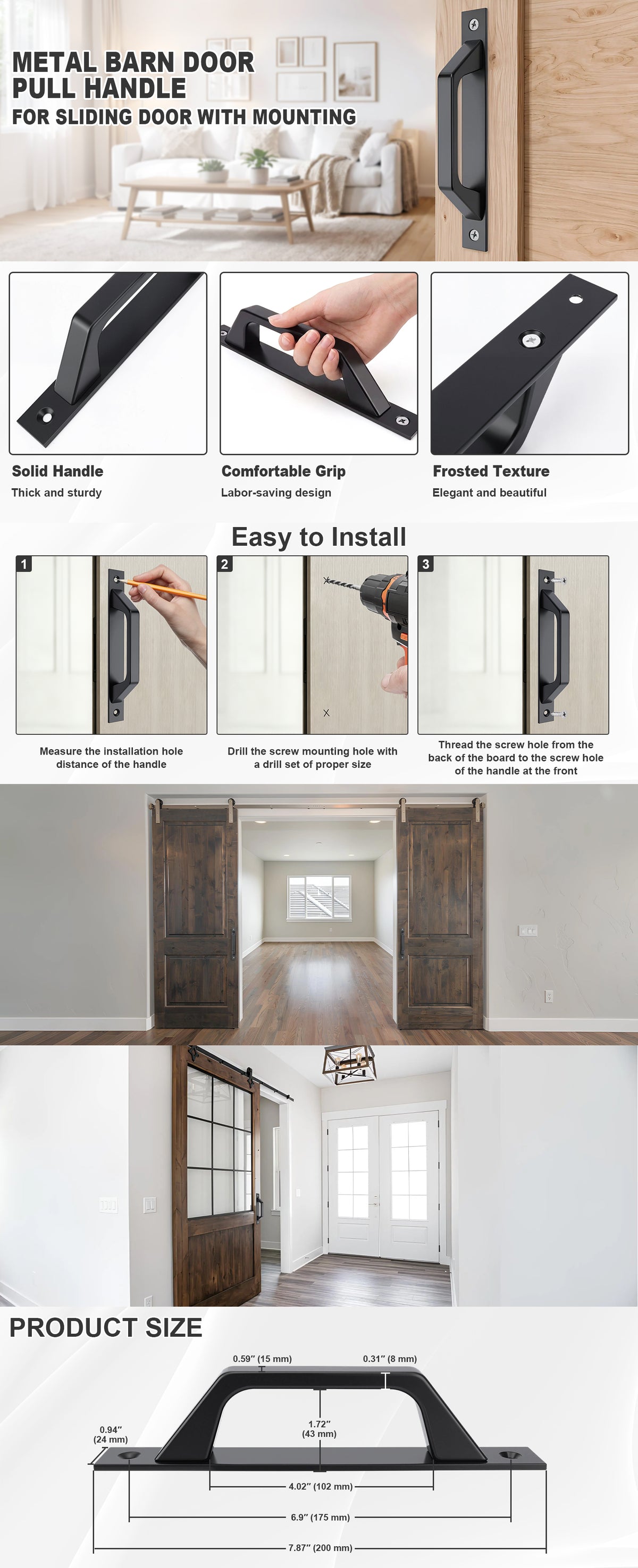 A composite product information graphic for a metal barn door pull handle. The top section shows the handle mounted on a door in a room, with text explaining it is for sliding doors with mounting.