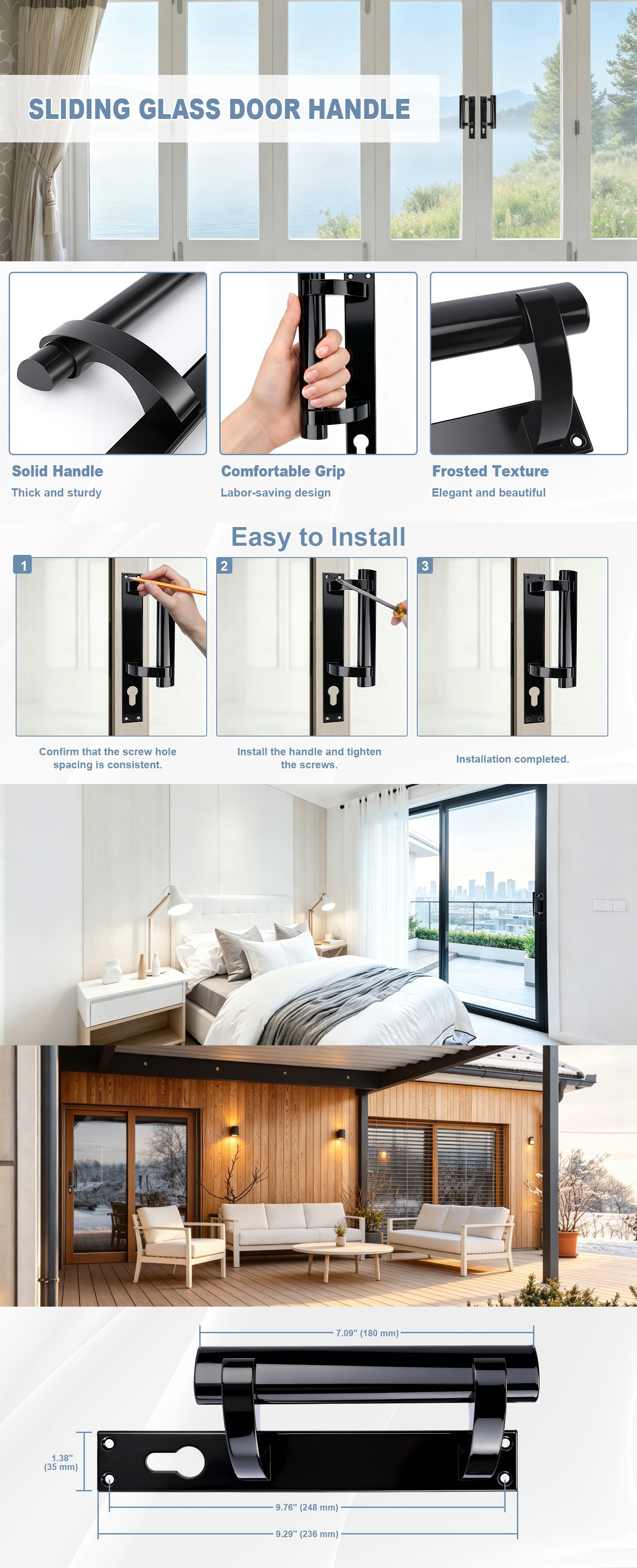 A promotional infographic for a sliding glass door handle set, showing close-up product views, installation steps, and real interior room examples. The top section displays the black handle and mounting hardware, with text labels such as 'Sliding Glass Door Handle,' 'Solid Handle,' 'Comfortable Grip,' 'Fressted Texture,' and 'Easy to Install.