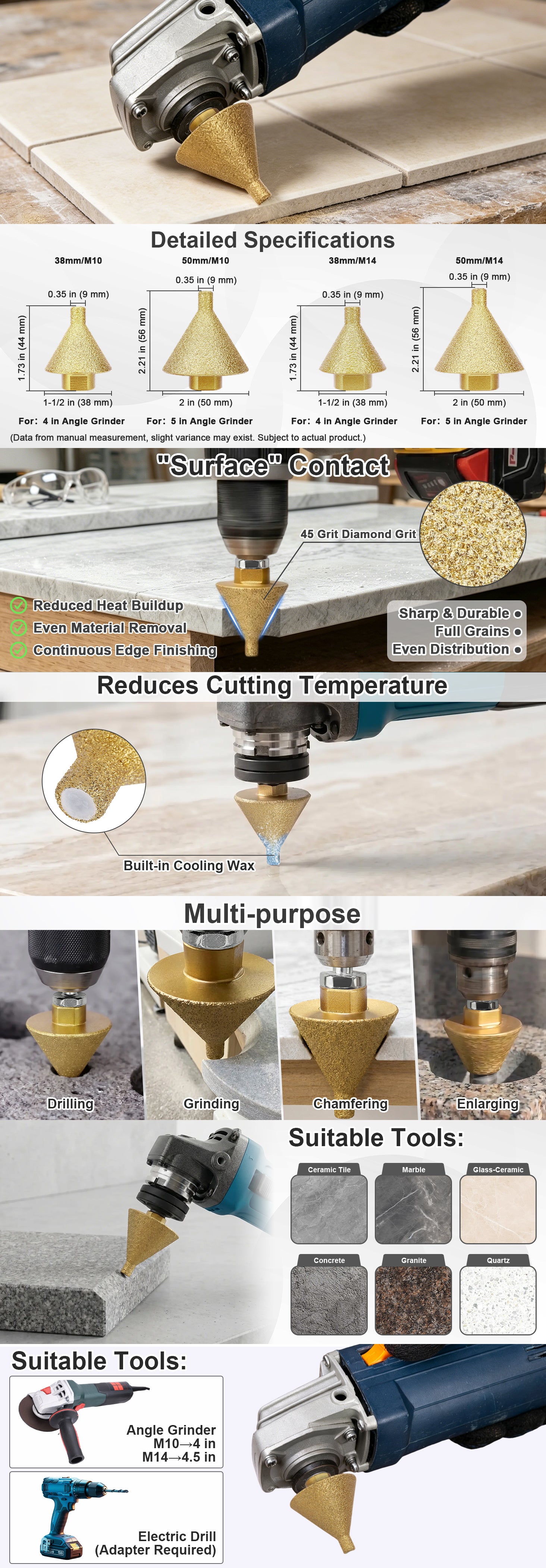 Diamond Chamfer & Slot Drill Bit with Cooling Wax, for Tile, Marble, Granite, Quartz, Compatible with Angle Grinders