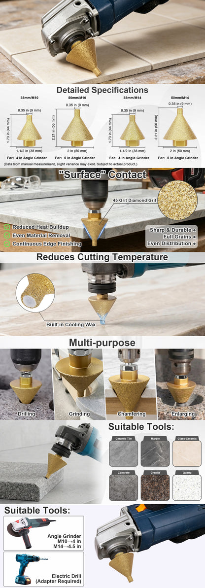 Diamond Chamfer & Slot Drill Bit with Cooling Wax, for Tile, Marble, Granite, Quartz, Compatible with Angle Grinders
