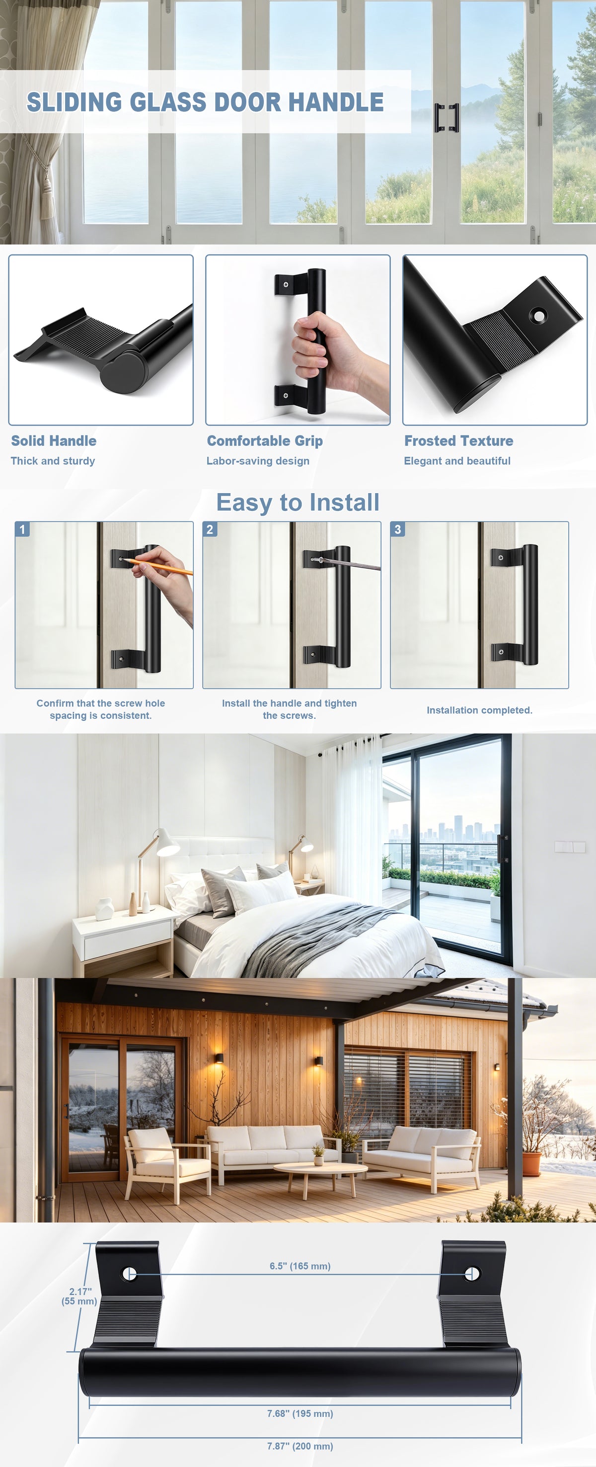 An infographic-style product image for a sliding glass door handle set. It shows multiple panels: a top header with a window scene, several small step-by-step installation illustrations with hands, a bedroom and modern cabin interior with the handles installed, a close-up of the hardware, and dimensions.
